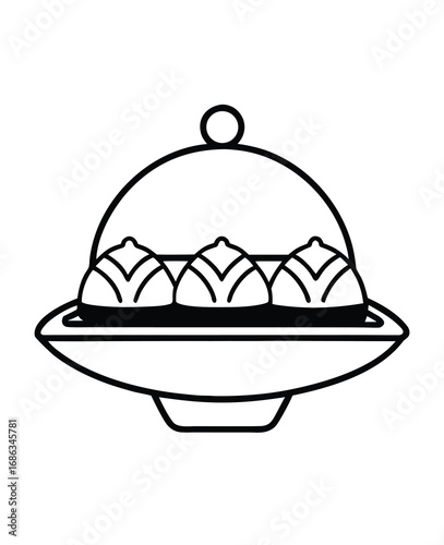 Steamed dumplings under a cloche line art illustration food presentation design