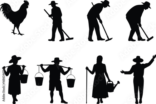 Silhouette vector of farmers working with tools, carrying buckets, watering plants, and a rooster, perfect for agriculture and rural themes.
