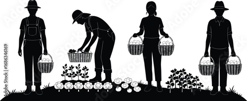 Silhouette vector of farmers harvesting vegetables with baskets in a garden, perfect for farming, agriculture, and organic produce themes.