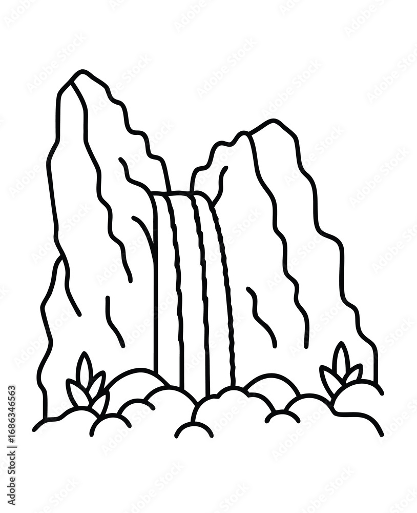 Fototapeta premium Minimalist waterfall illustration surrounded by rocks and foliage for nature designs