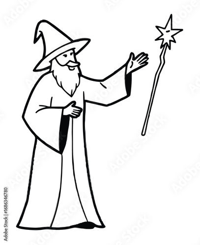 Wizard with Star Wand Outline Illustration for Fantasy Storytelling and Education