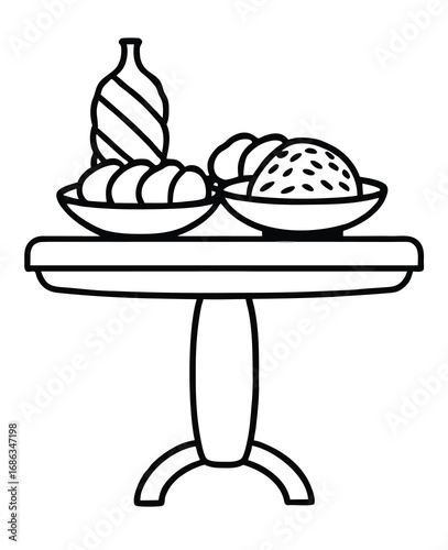 Line art drawing of table with plates and bottle illustration