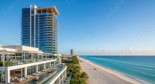Modern luxury hotel on a pristine beach with turquoise water under a clear blue sky