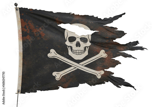 Tattered pirate flag with skull and crossbones on transparent background