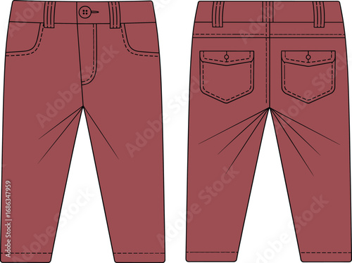 Flat cad vector of kids pants with button waistband, front and back pockets, gathered back detail, fashion technical drawing illustration