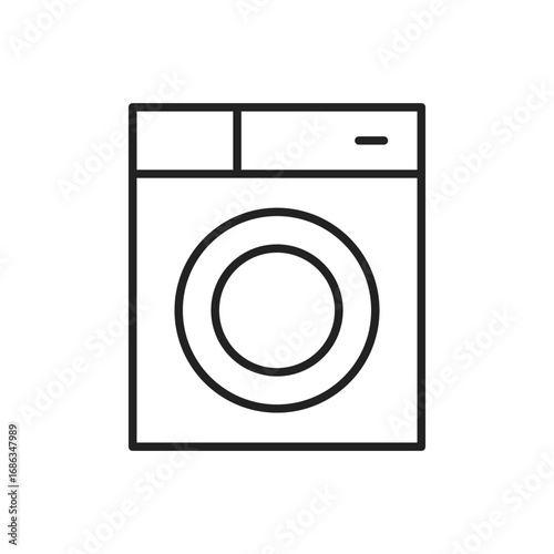 A line drawing depicts a washing machine It has a square body a round front door and controls. Editable stroke. Icon vector illustration