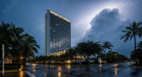 Spectacular lightning storm illuminates a modern building in a tropical paradise during twilight