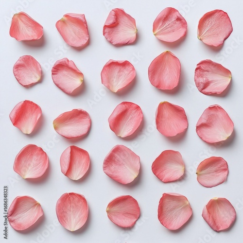 Pink rose petals arranged in a grid pattern on a white background delicate soft floral texture natural beauty botanical elements romantic decorative display