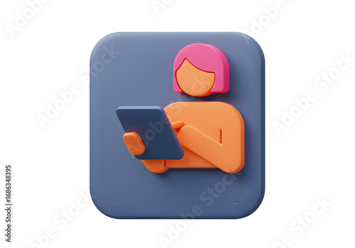 3D Render Of A Woman Using A Tablet Application Icon In Blue Orange And Pink Colors