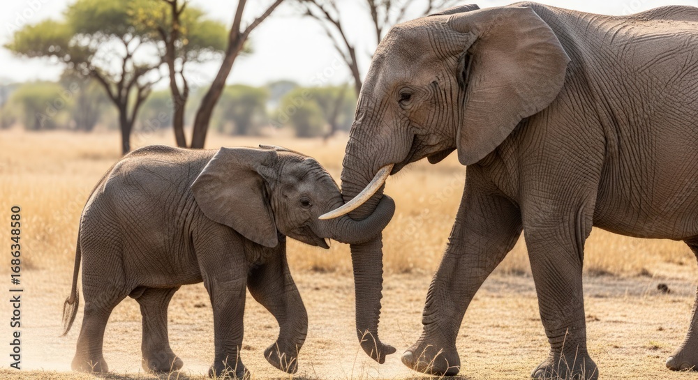 Fototapeta premium African Elephant Mother and Baby Touching Trunks in Tanzania, Africa