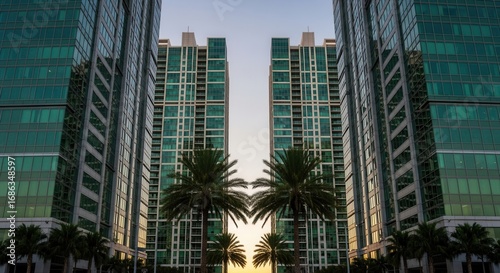 Symmetrical urban skyline with skyscrapers and palm trees reflecting a tropical modern