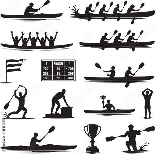 Silhouettes of people kayaking and celebrating in a competition canoe paddle