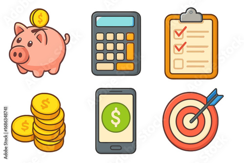Cartoon financial icons collection. Concepts of saving money, investment, business strategy, budget planning, mobile banking, and achieving financial goals. Vector illustration set.