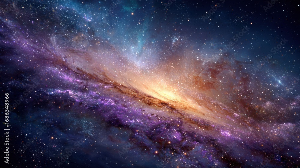 Obraz premium Majestic spiral galaxy with vibrant purple, blue, orange, and white hues illuminating the deep cosmic expanse, surrounded by countless shimmering stars and ethereal nebulae. This breathtaking celestia