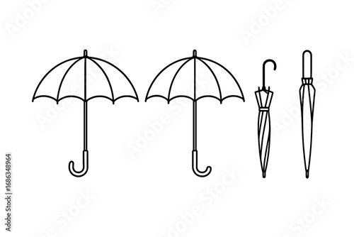 Umbrella icon set collection. Minimalist line art vector graphic. Open and closed parasols. Weather symbol for rain, storm, and sun protection. Simple outline illustration.