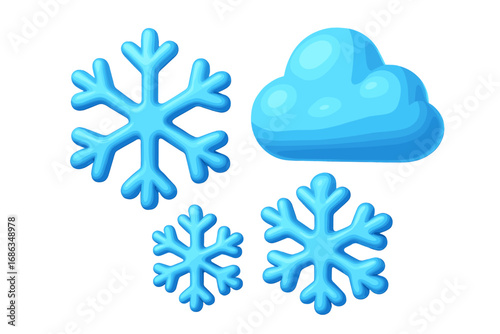 Winter icon set with 3D snowflakes and cloud. Cute cartoon weather symbols for Christmas and New Year design. Blue plasticine style vector illustration for cold season.