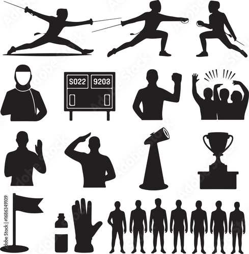 Fencing sport icons silhouettes including athletes scoreboard and trophy sword duel