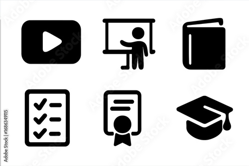Education icon set for e-learning and online courses. Vector symbols for student graduation, knowledge, webinar, and study. Includes book, diploma, test, and teacher icons.