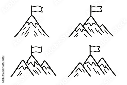 Set of mountain peak with flag icons. Concept of success, goal, mission accomplished, achievement, victory. Leadership, ambition, challenge, milestone. Simple line art vector.