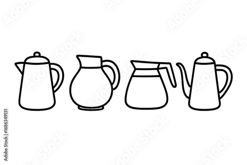 Coffee pot and carafe line icon set. Collection of minimalist vector illustrations of kitchenware. Simple outline graphic for cafe, restaurant menu, or breakfast concept.