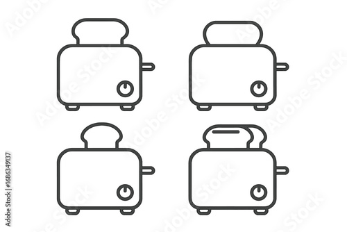 Toaster icon set. Kitchen appliance for breakfast. Toast and bread symbol collection. Simple line art vector graphic. Minimalist outline pictogram for cooking and food design.