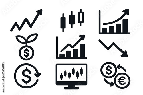 Stock market icons. Financial growth and trading symbols. Investment, currency exchange, and candlestick chart. Economic trends, data analysis, profit and loss concepts.