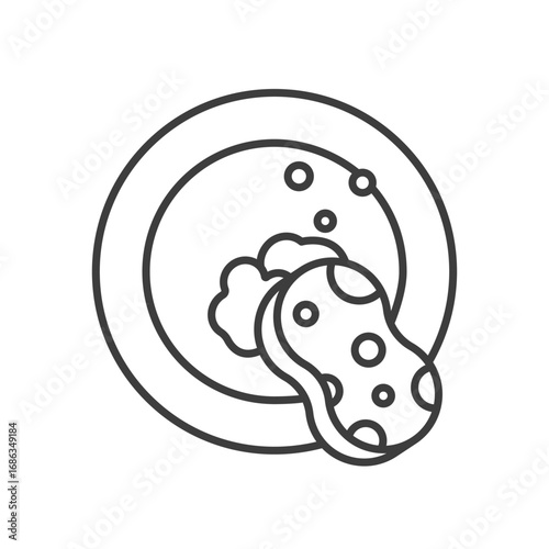 Line drawing of a plate with suds and a sponge. Editable stroke. Icon vector illustration