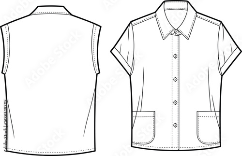 Flat sketch of short sleeve button-up shirt with collar, patch pockets, front and back view, vector fashion technical drawing