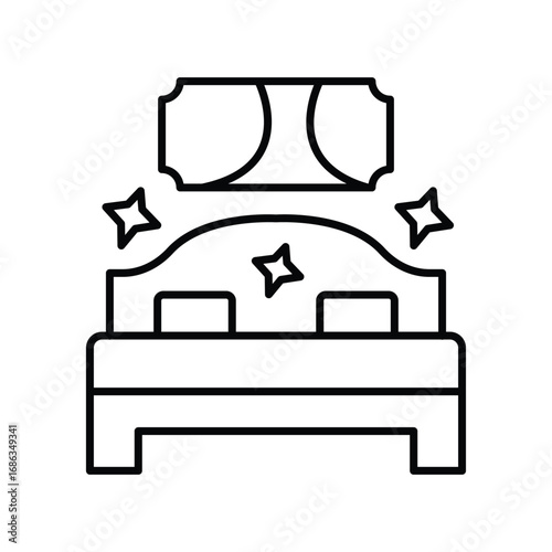 A linearlydrawn bed with headboard a rectangular pillow and shining stars. Editable stroke. Icon vector illustration