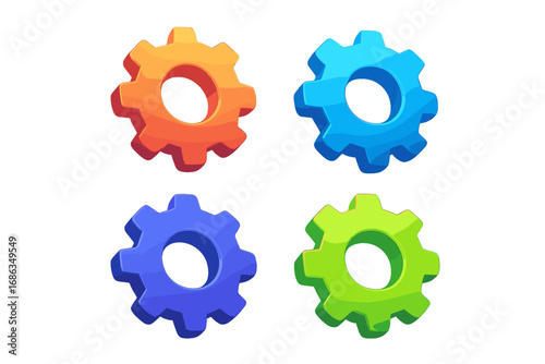 Set of colorful 3D gear icons. Cogwheel symbol for settings, options, and preferences. Mechanical engineering and technology concept. Teamwork and process metaphor.