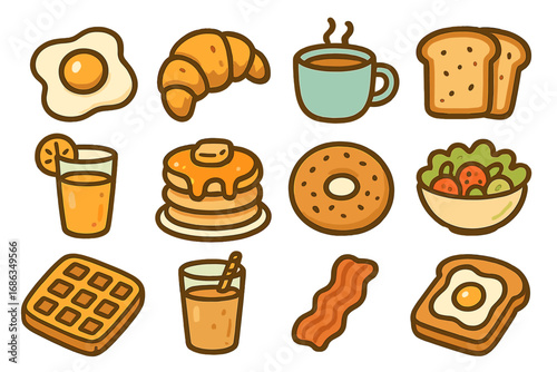 Breakfast food and brunch icon set. Cute cartoon doodle style vector illustration. Isolated graphic design elements for menu like egg, bacon, pancakes, waffle, coffee, toast.
