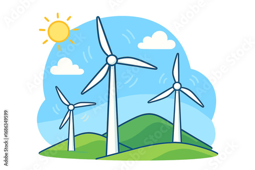 Wind turbines on green hills landscape. Concept of renewable, sustainable, and alternative energy. Eco-friendly power generation from wind farm. Clean electricity production vector.