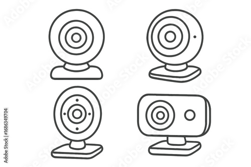 Webcam line art icon set. Computer camera vector illustration for video conference, online meeting, streaming, and communication. Simple outline graphic symbol collection.