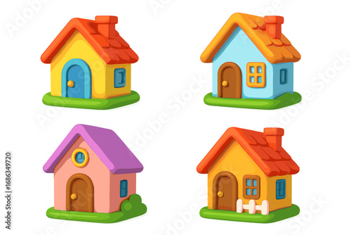 3D cartoon house icon set. Colorful cute plasticine home collection. Vector illustration for real estate, web design, or game assets. Bright toy building models isolated on white.