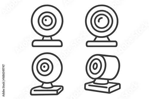 Webcam line art icon set. Vector collection of web camera symbols for video conference, online communication, chat, or streaming. Digital broadcasting equipment illustration.