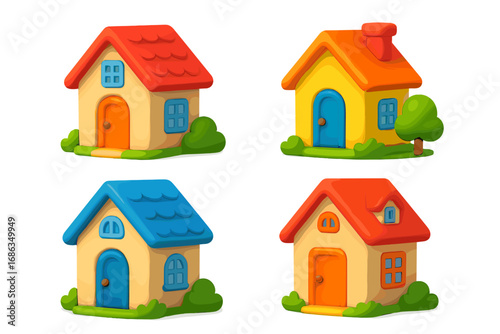 3D cute cartoon house icon set. Colorful home collection for real estate or kid's design. Vector illustration of bright, toy-like buildings. Adorable plasticine style homes.