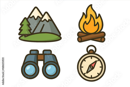 Camping icons set for outdoor adventure and hiking. Includes mountain landscape, campfire, binoculars, and compass symbols. Vector cartoon illustration for nature travel exploration.