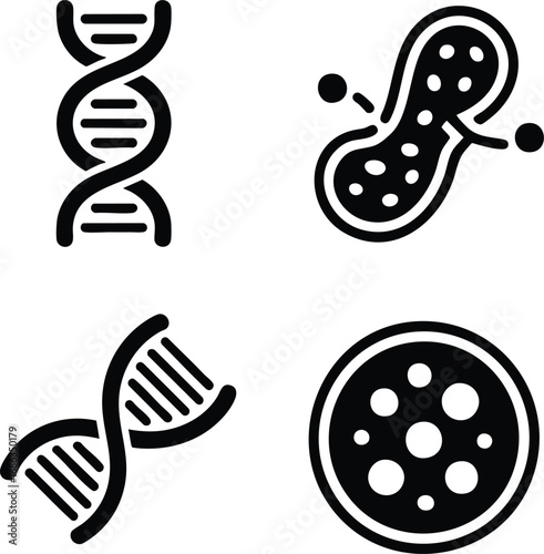 A set of 4 longevity science icons DNA helix, mitochondrion, telomere shoelace tip, healthy cell. Bold, chunky, fat line style.