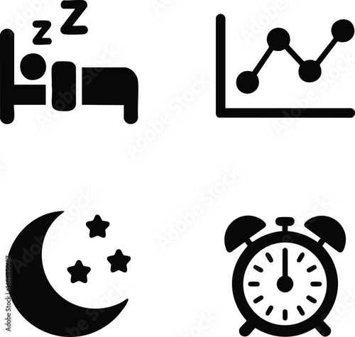 Sleep optimization icon set, 4 icons bed, sleep cycle graph, moon and stars, alarm clock off.