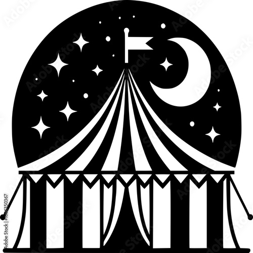 A classic circus tent silhouetted against a starry night sky with a crescent moon and flag