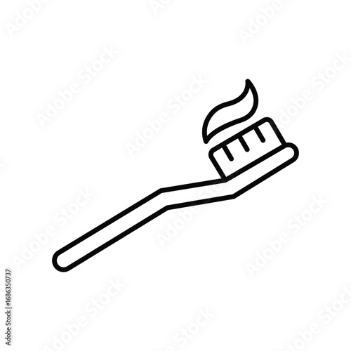 A black outline of a toothbrush with toothpaste on the bristles against a white background. Editable stroke. Icon vector illustration