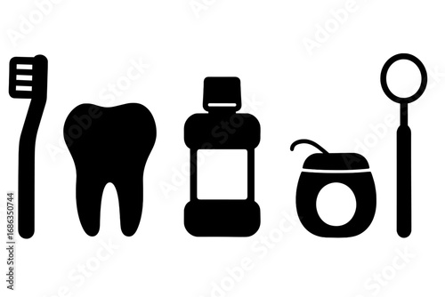 Dental hygiene icon set. Toothbrush, tooth, mouthwash, floss and mirror tools. Simple black silhouette for dentistry, stomatology, oral health. Vector graphic symbols.