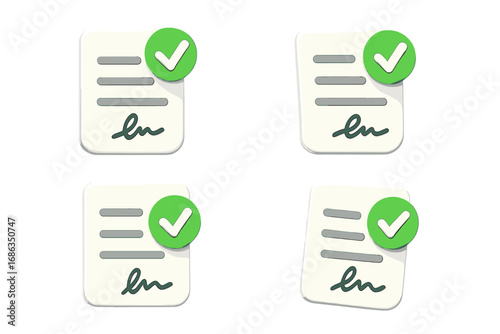 3D document icon set with signature and green check mark. Concept of approved contract, successful deal, completed task. Agreement validation, verification and confirmation.