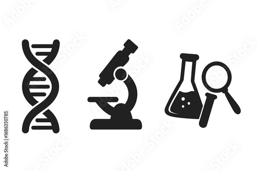 Biology science icon set. DNA helix, microscope, laboratory flask. Vector silhouette for genetics, chemistry research, medical analysis. Scientific discovery & education concept.