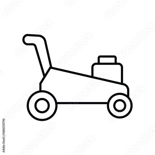 A line drawing depicts a lawnmower It has two wheels a handle and a rectangular engine. Editable stroke. Icon vector illustration