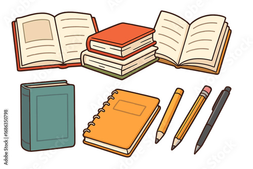 Collection of diverse reading materials and writing tools. Vector illustration of books, notebook, pencils, and pen for education, school, study, learning, and knowledge concepts.