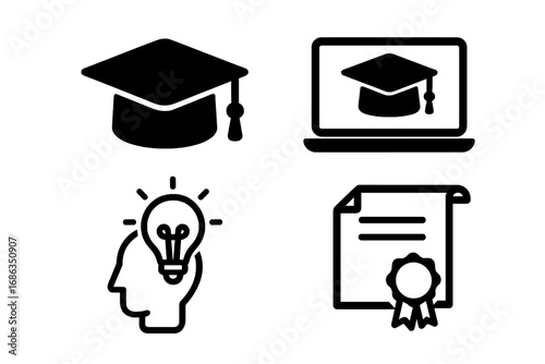 Black education glyph icon set. Graduation cap, e-learning, new idea, and certification symbols. Online course, university degree, and knowledge concept vector icons.