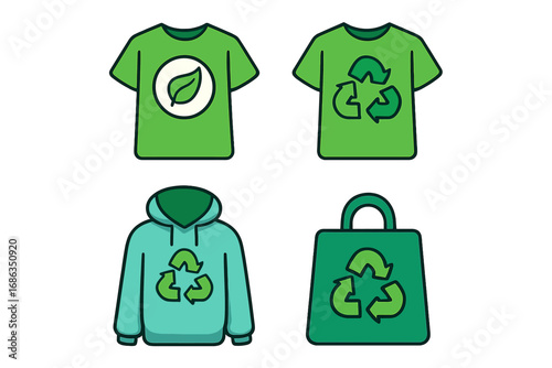 Eco friendly apparel icon set. Sustainable fashion concept with t-shirt, hoodie and bag. Recycling symbol for ethical clothing. Vector cartoon illustration for green retail.