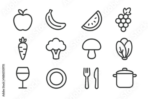 Food and cooking icon set. Simple line art of fruit, vegetables, kitchenware. Vector graphic collection for healthy eating, restaurant menu, grocery app or website design.