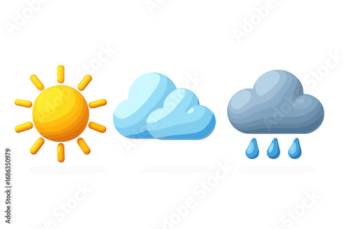 Weather forecast 3D icons set. Sun, cloud, and rain symbols for sunny and rainy day. Modern vector cartoon illustration. Cute plasticine or clay style for web, app, ui, ux design.